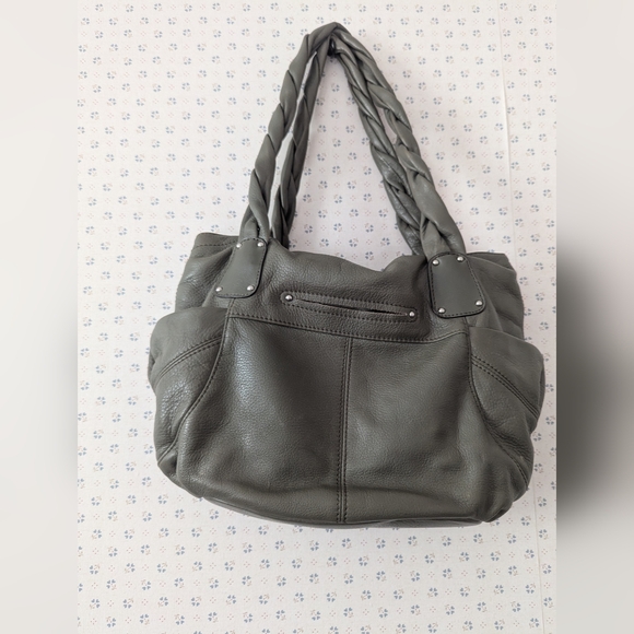 🫒 B.Makowsky Olive Green Leather Slouch Bag Trending Leopard Inside - Picture 3 of 15